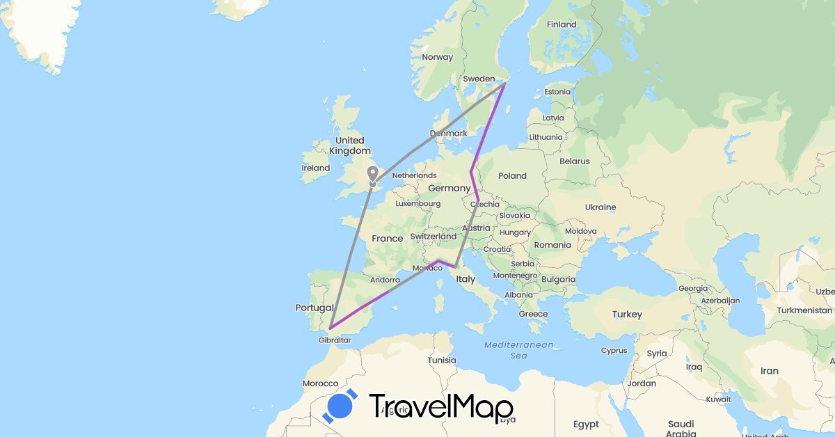 TravelMap itinerary: plane, train in Czech Republic, Germany, Denmark, Spain, France, United Kingdom, Italy, Sweden (Europe)