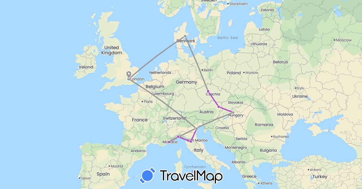 TravelMap itinerary: driving, plane, train in Austria, Czech Republic, Denmark, France, United Kingdom, Hungary, Italy (Europe)